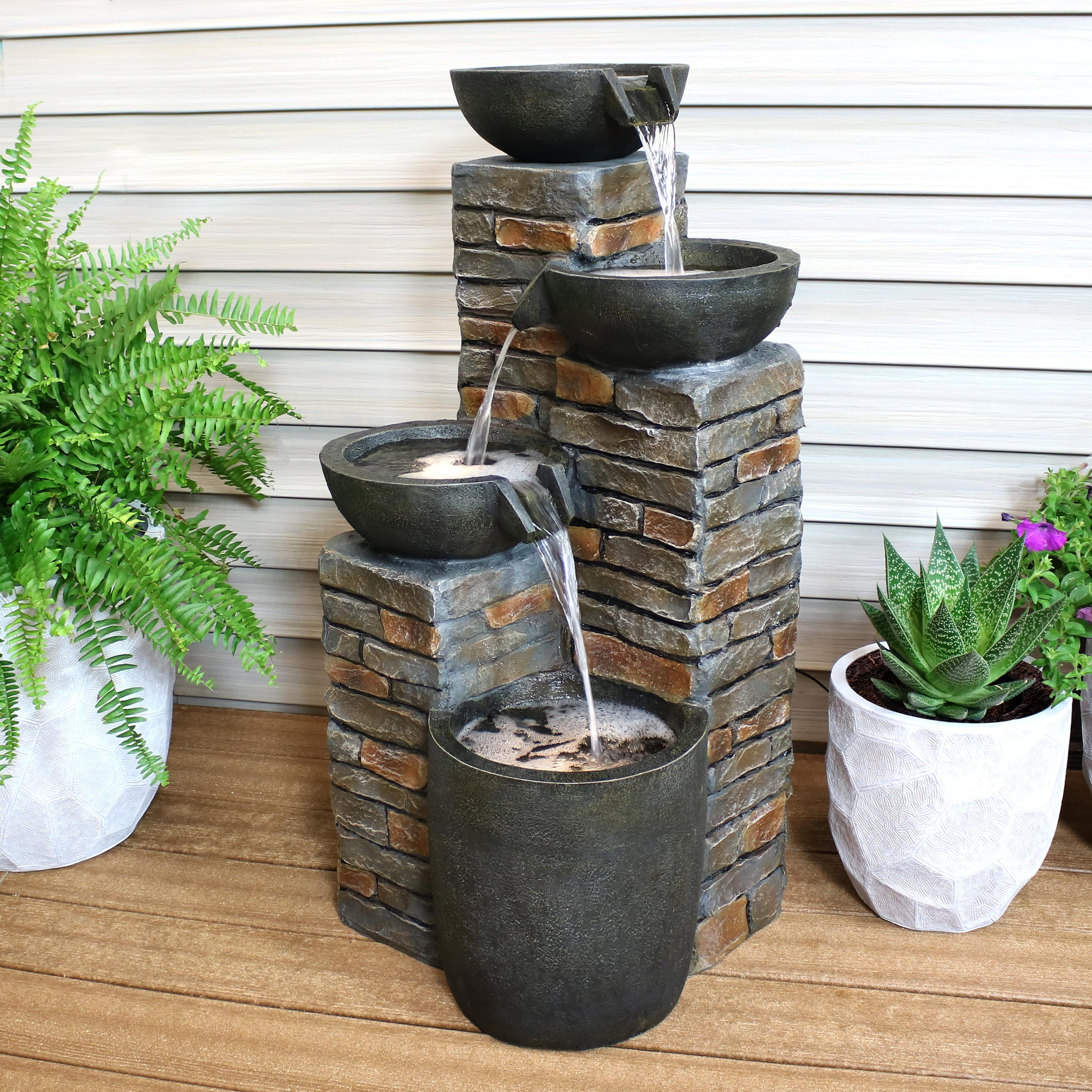 Sunnydaze Outdoor Water Fountain -Staggered Pottery Bowls - LED Lights - Perfect for Garden 