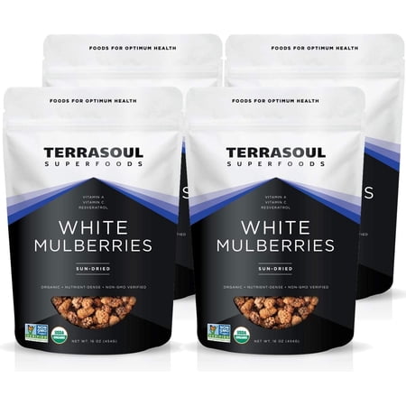 Terrasoul Superfoods Organic Sun-dried White Mulberries, 4 Lbs (1 Lb 4-Pack), Sweet Superfood Snacking, Smoothie Booster, and Nutrient-Packed Yogurt Topping
