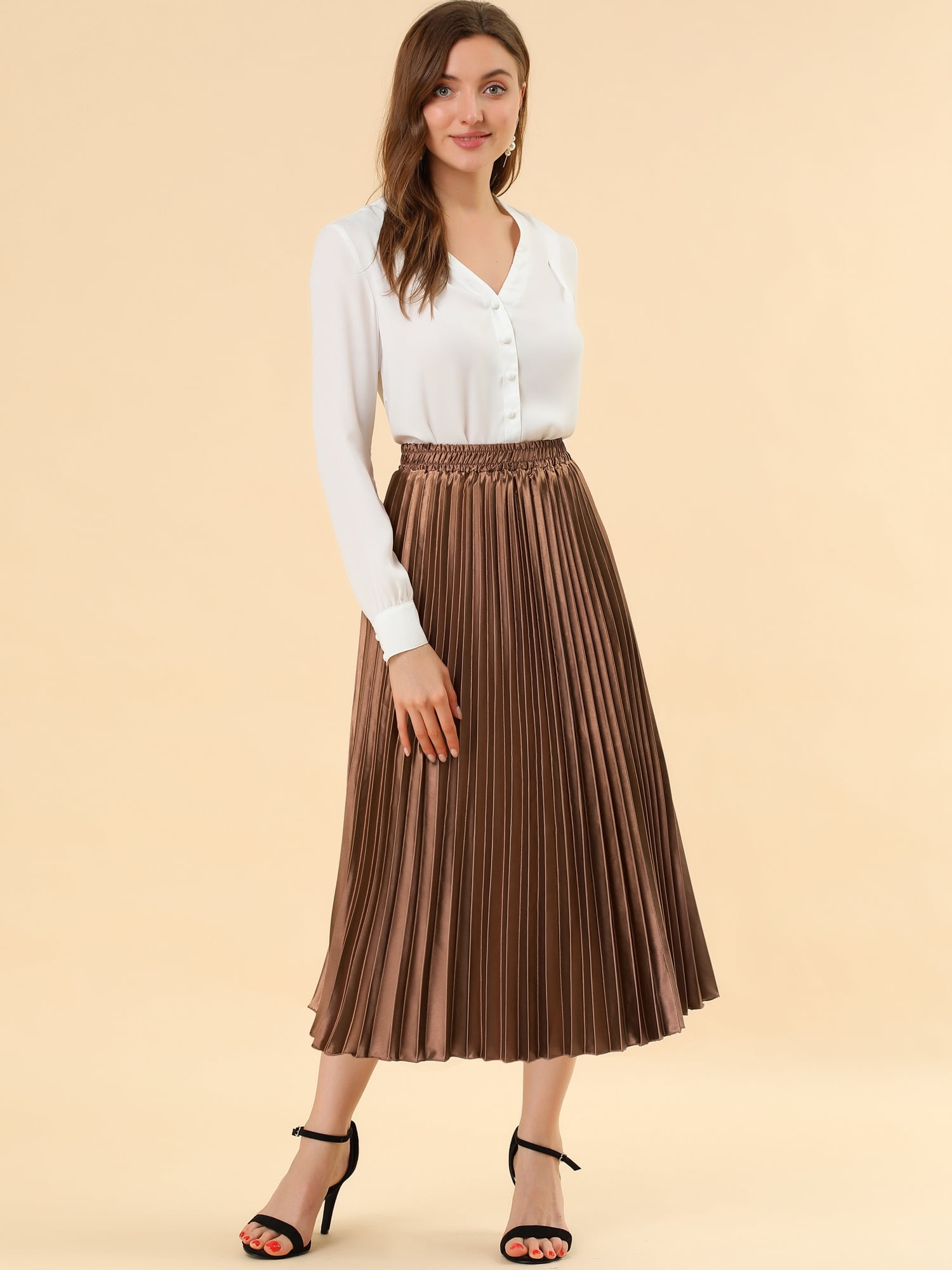 DARING DIVA Women's Midi Length Elastic High Waisted Pleated Skirt 3XL Brown