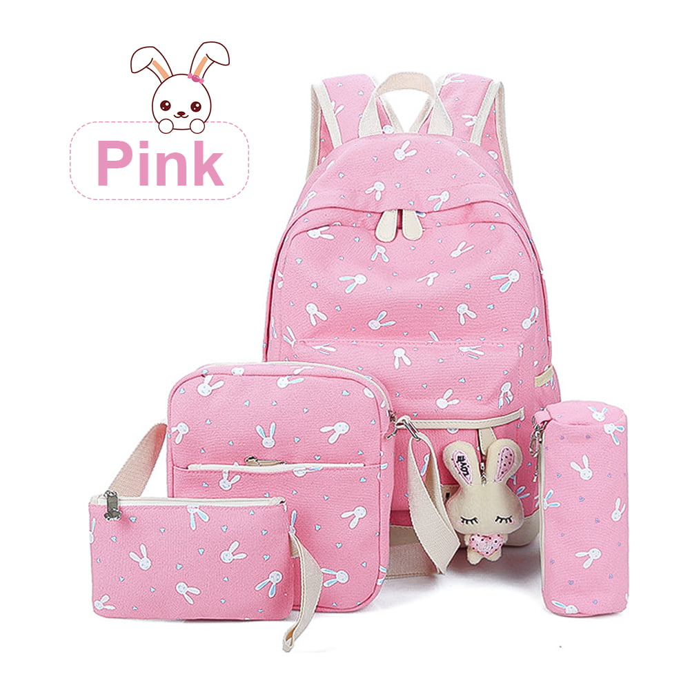 Anyprize 4Pcs/Sets Pink Canvas School Backpacks for Girls, Large Capity ...