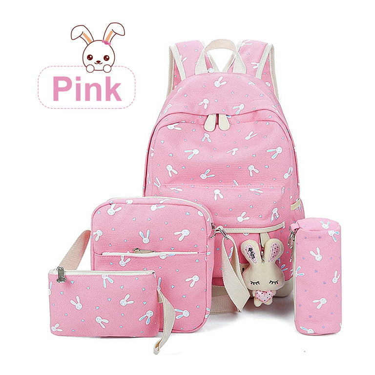 Anyprize 4Pcs/Sets Pink Canvas School Backpacks for Girls, Large