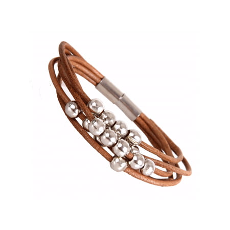 Link Magnetic Clasp Bracelet - Stylish Urban Jewelry Leather Bracelet for Women Silver Color Beads Cuff with Magnetic Clasp 7