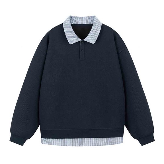 Xzbqbs Polo Sweatshirts for Men Plaid Textured Button Fake Two Pieces Pullover Hoodie Fashion Lightweight Patwork Sweatshirts