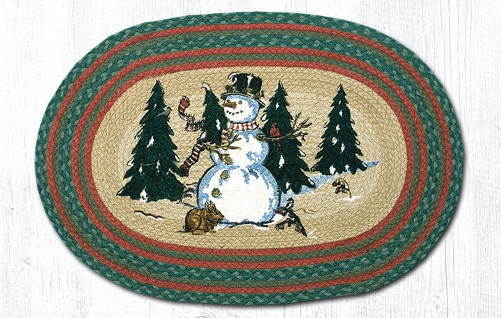 20" x 30" WINTER SNOWMAN & CHRISTMAS TREES OVAL BRAIDED KITCHEN RUG 