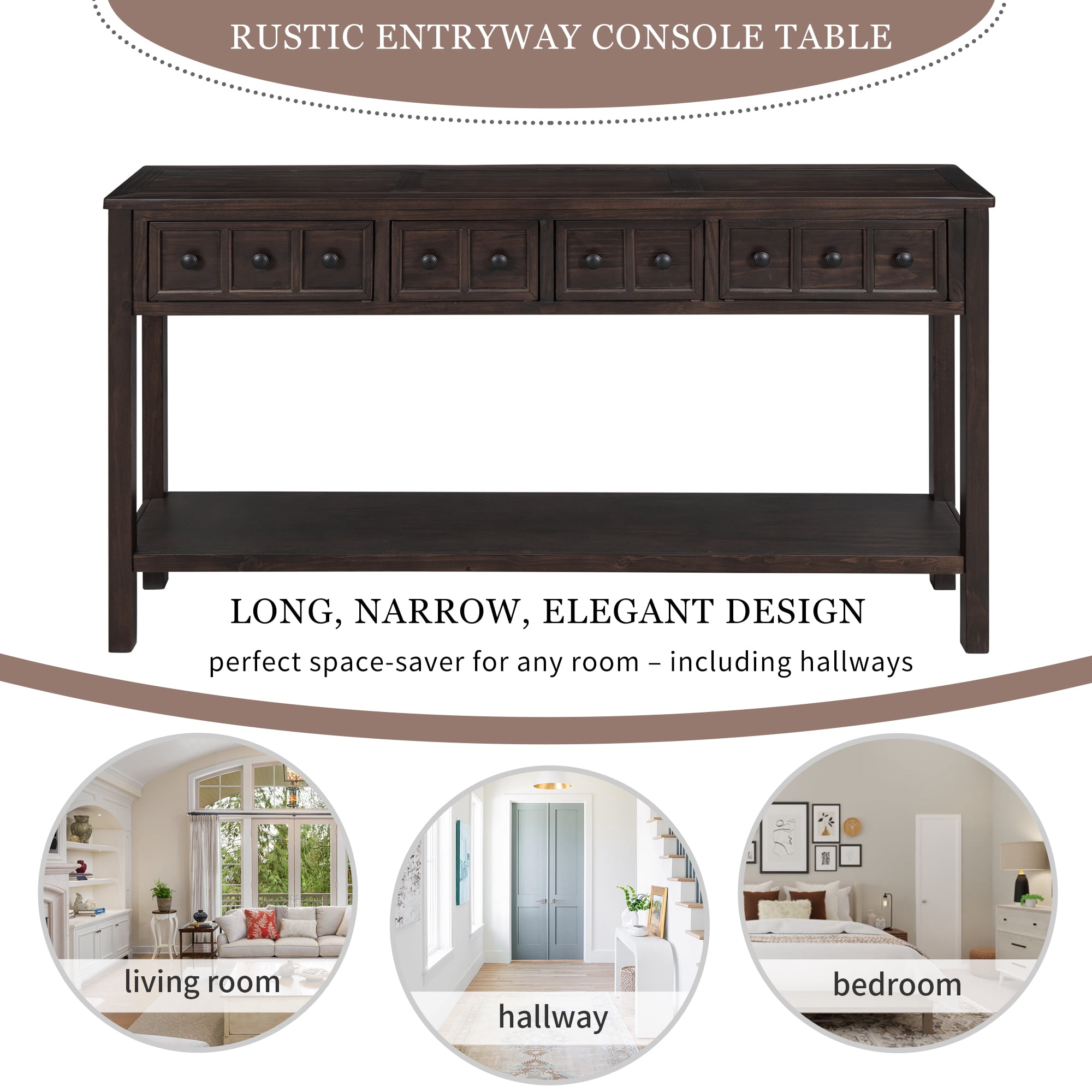 EUROCO 60" Rustic Console Table Sofa Table, Entryway Wood Table with 4 Drawers and Bottom Shelf for Storage, Espresso