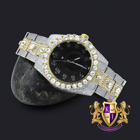 Black Face Solitaire 2 Tone Gold Finish Simulated Diamond Water Resistance Steel Back Metal Band Watch 40mm