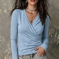 thumbnail image 3 of GILIGEGE Women Wrap V Neck Long Sleeve T Shirt,Soft Stretchy Ruched Fitted Blouse,Casual Solid Color Surplice Front Slim Fit Tops,Crisscross Waist,2026 Fall Fashion Going Out Outfits Light Blue S, 3 of 5