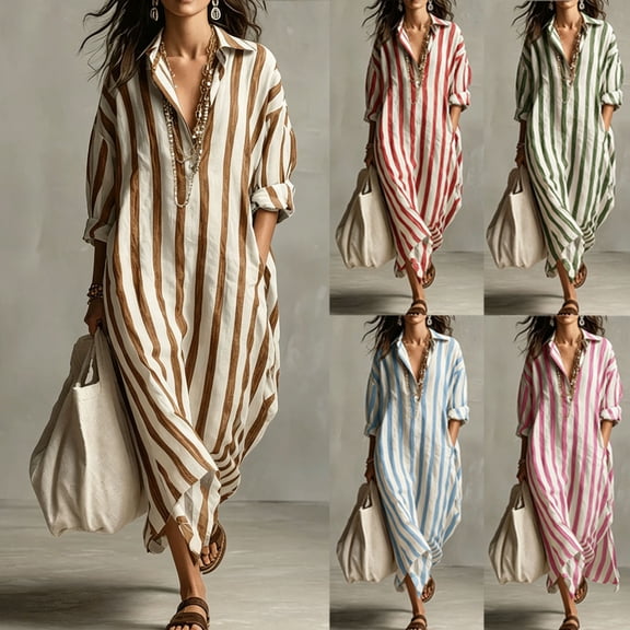 Women's Vertical Stripe Shirt Maxi Dress, Collar 3/4 Sleeve Loose Oversized Casual Vacation Tunic Dress with Side Pockets Brown XL(XL)