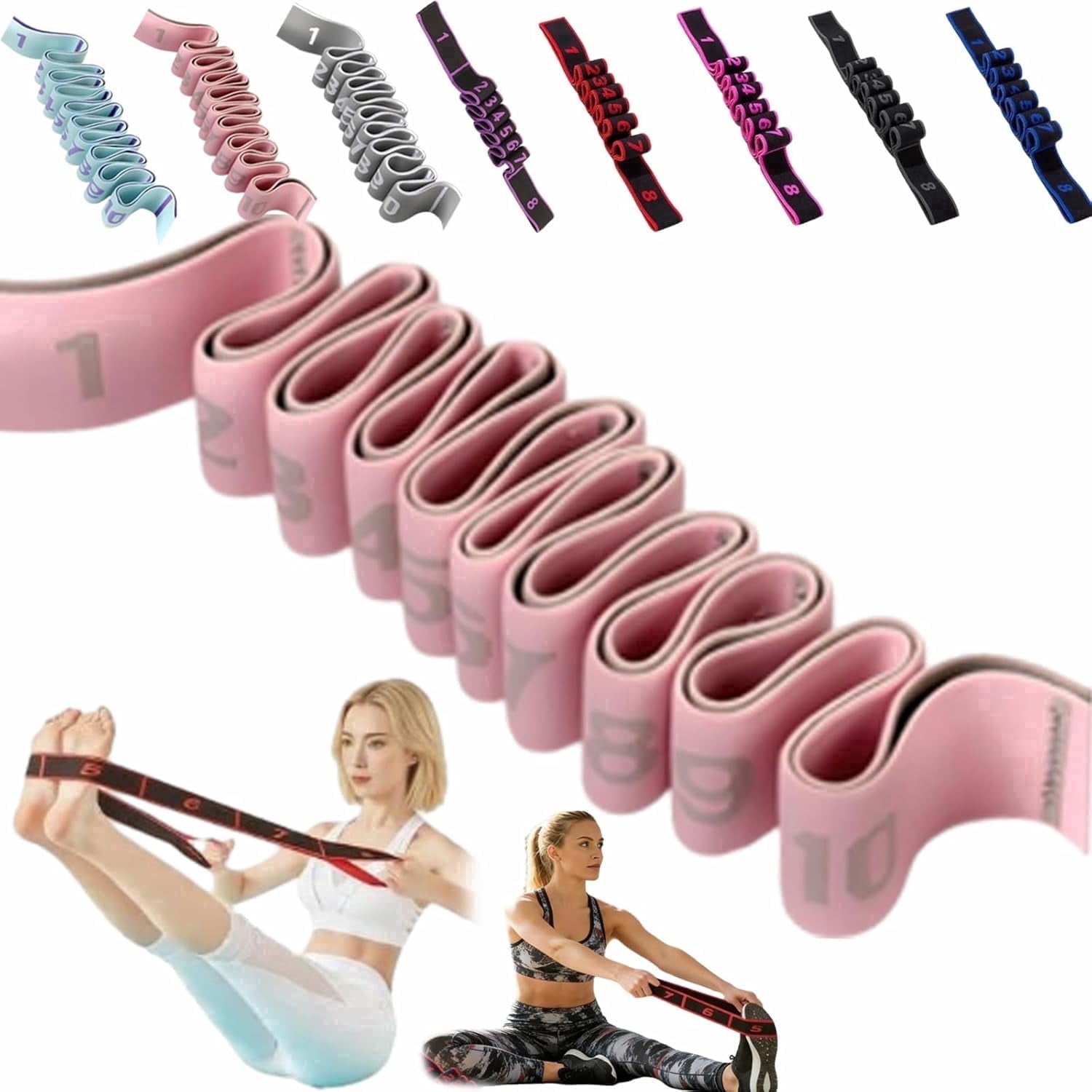 Fitness Resistance Band for Yoga Stretching and Workout Training, 10 Section Elastic Exercise Band with Number Markings, Adjustable Tension for Home Gym Pilates Fitness