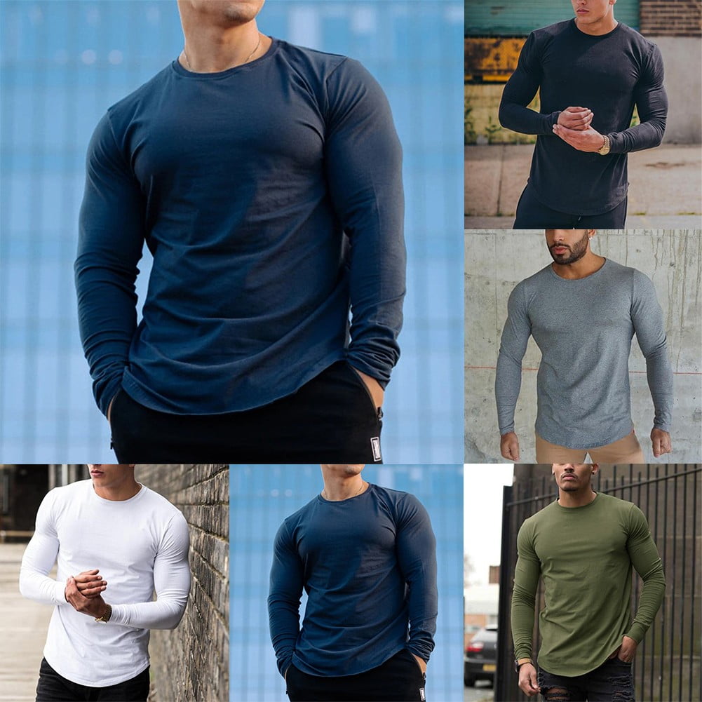 Shirts for Men Long Sleeve Shirt Quick Dry Crew Neck T Shirts Muscle  T-Shirt Tee Basic Tee (Army Green, XL) : : Fashion