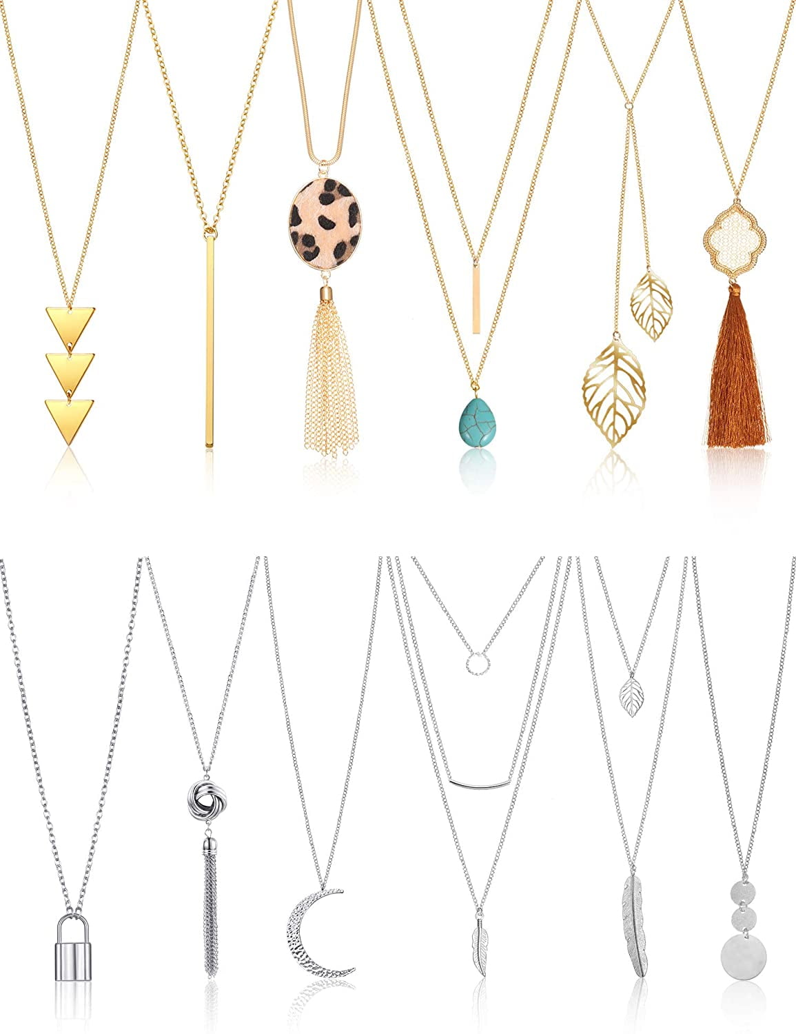 12 Pcs Long Pendant Necklace for Women, Gold Bar Feather Triangle Leaf Lock  Tassel Y Necklace Jewelry Set for Girls - Walmart.com