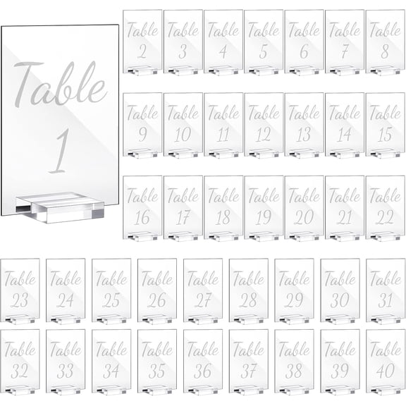 GBBG 40 Pack White 4 x 6 Inch Acrylic Wedding Table Number 1-40 Clear Wedding Table Stand with Numbers Calligraphy Holders Signs for Reception Centerpieces Decorations