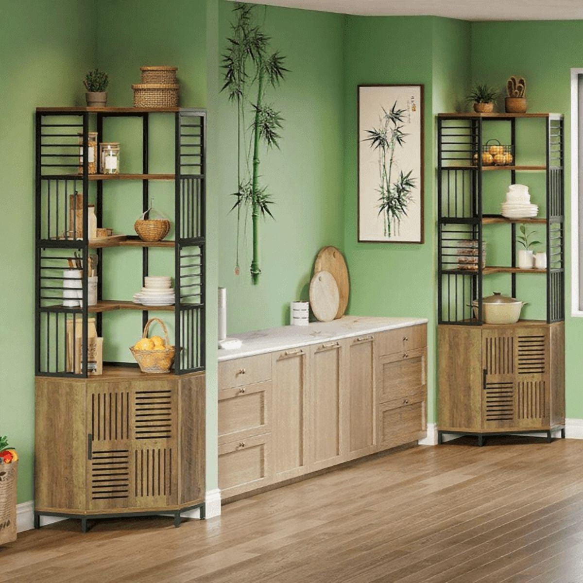 5-Tier Corner Storage Cabinet with Door, MDF & Metal Frame, Industrial Style for Living Room/Home Office/Balcony