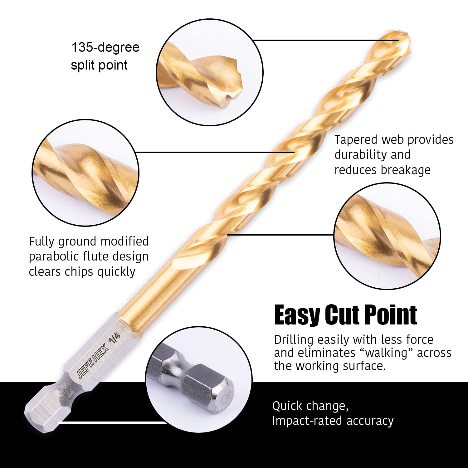 JEFE HEX 1/4" HSS Twist Titanium Drill Bits, Hex Shank for Quick Change (Pack of 6)