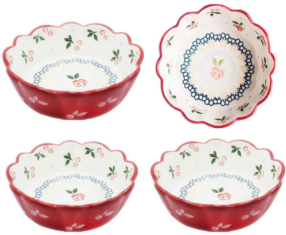 Lead-Free Stoneware Set of 4 Pasta Fruit Sauce Oven Safe 15oz,Cherry Red Cherry Porcelain Round Pie Dish Bakeware Serving Bowls Set for Cereal 