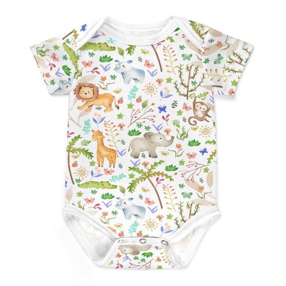 Baby Safari Jungle Zoo Animals Bodysuits Lion Elephant Giraffe Crocodile Trees Floral Leaves Short Sleeve One-pieces Romper for Boy Girl