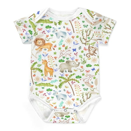 

Baby Safari Jungle Zoo Animals Bodysuits Lion Elephant Giraffe Crocodile Trees Floral Leaves Short Sleeve One-pieces Romper for Boy Girl