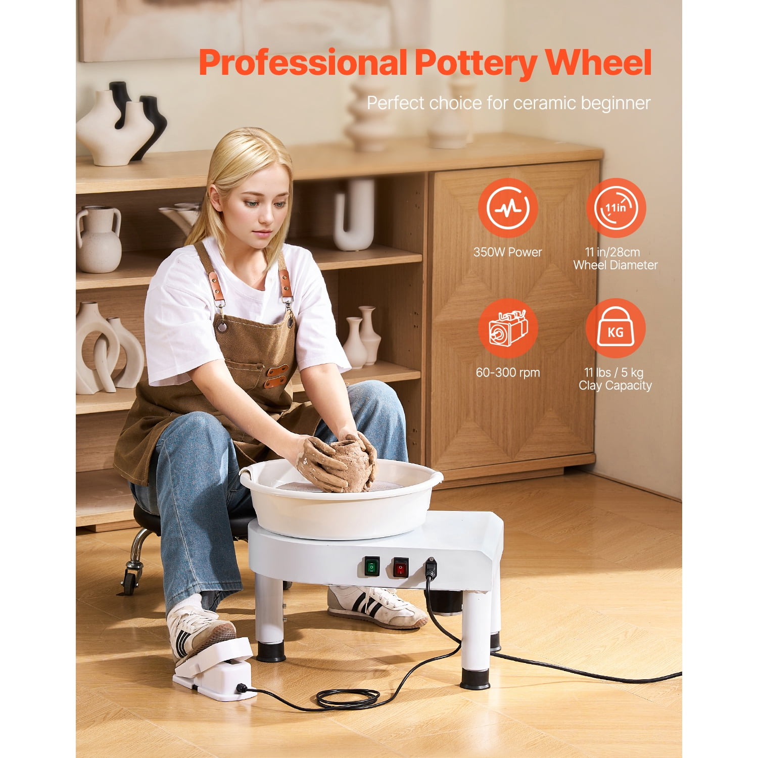 KFFKFF Pottery Wheel with 11-inch Ceramic Surface, Adjustable Speed 60-300 RPM, Foot Pedal Control, Height-Adjustable Legs, Removable Basin, and Full Tool Kit for DIY Crafting and Art Projects, White