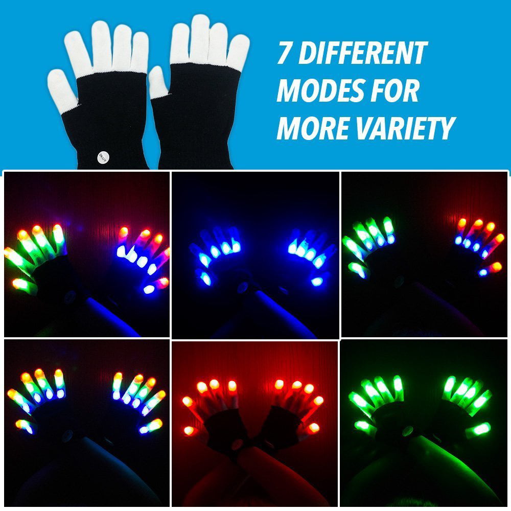 LED Rave Flashing Gloves Glow 7 Mode Light Up Finger Tip Lighting Pair White NEW 