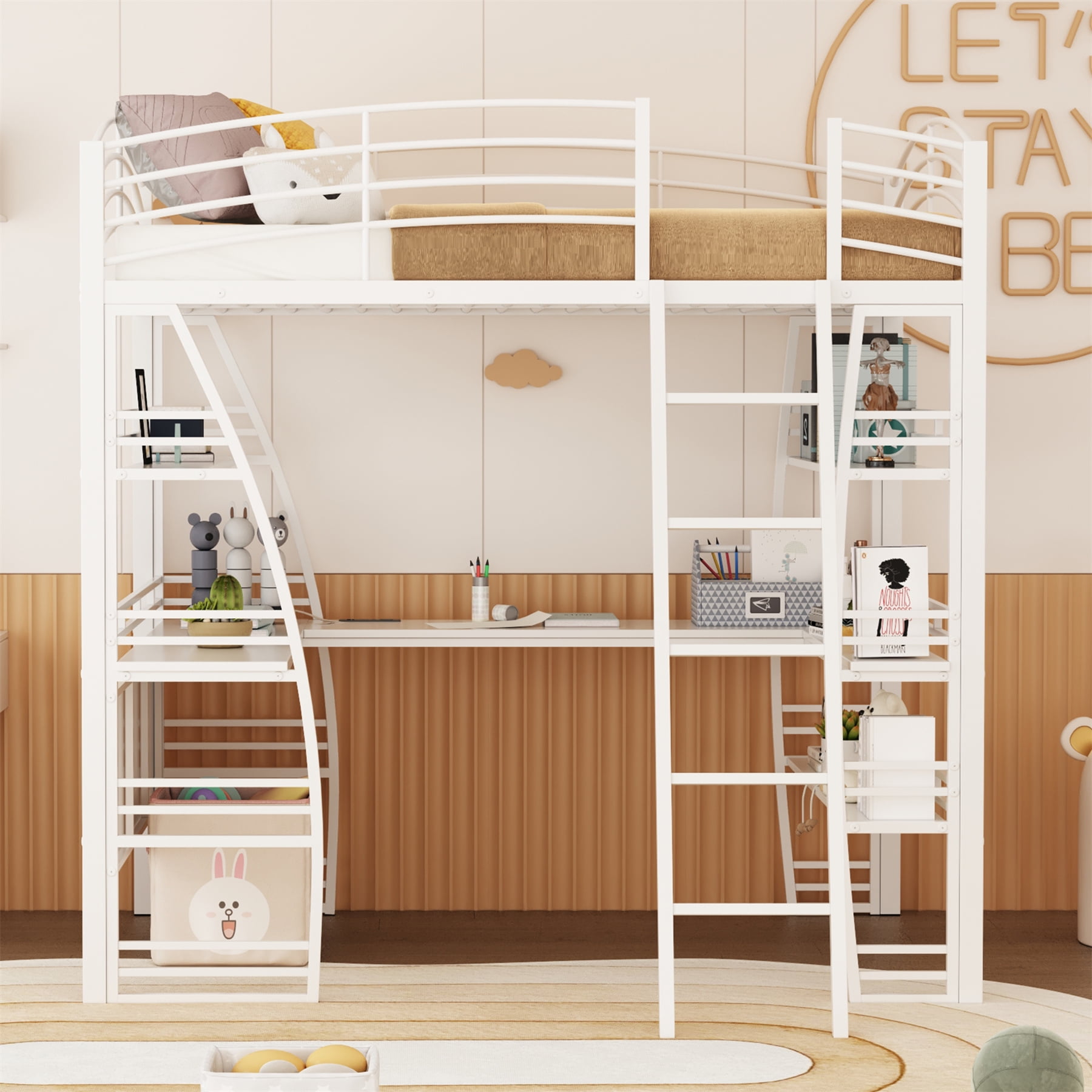 Full Size Vintage Metal Loft Bed, Modern Loft Bed Frame with 4 Layers