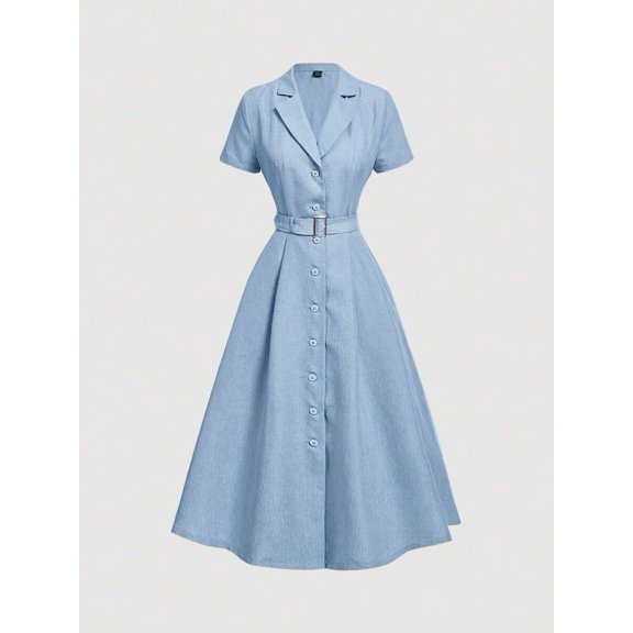 Blue Mid-Length Shirt Dress With Notch Lapel, Belted Waist, And Short Sleeves