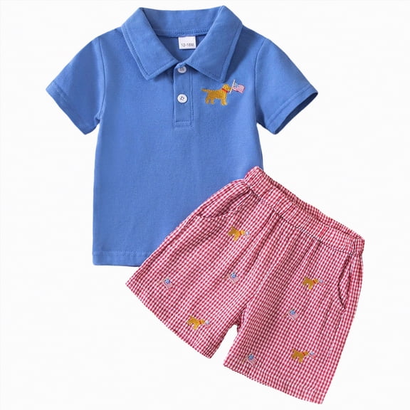 Linfrsh Toddler Newborn Baby Boy Outfit Sets Kid Summer Clothes Short Sleeve T-shirt Elastic Waist Shorts 2 Piece Short Set Summer Sleepwear for 12M 18M 24M 3Y 4Y Children(Blue,12-18 Months)