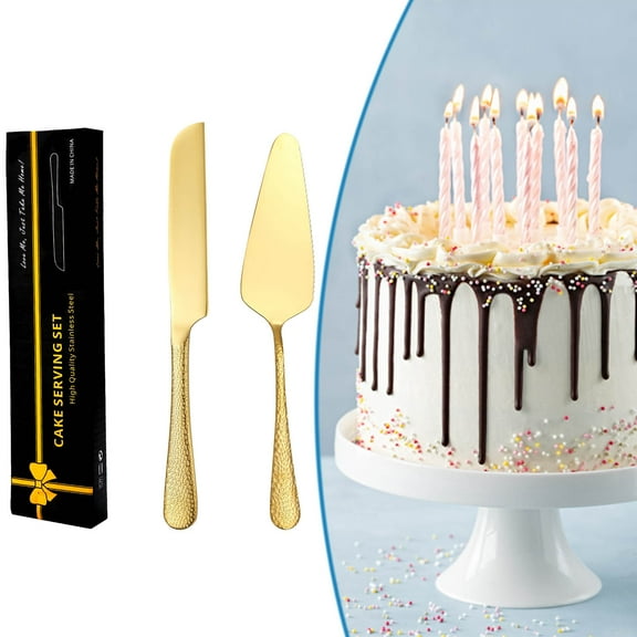 Summercome Cake Cutting Set, Elegant Cake Knife Set with Thickened Stainless Steel and Rounded Edges, Cake Cutter and Pie Spatula for Wedding, Birthday, Anniversary, Christmas, Gift, Set of 2 (Gold)