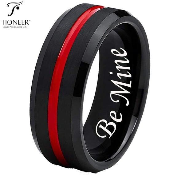 Black IP Tungsten Ring w/ Distinct Blue or Red Center Line 8mm Comfort Fitw/ Free Engraving Options