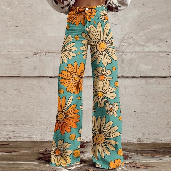 XUNKUSGA Pants for Women Fashion Faux Denim Floral Wide Leg Pants Classic High Waist Baggy Boyfriends Straight Leg Women's Pants with Pockets,Yellow,S