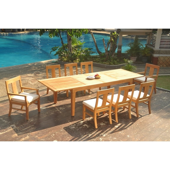 Grade-A Teak Dining Set: 8 Seater 9 Pc: 122" Caranas Double Extension Rectangle Table And 8 Osborne Chairs (2 Arm & 6 Armless Chairs) WholesaleTeak #WMDSWVm
