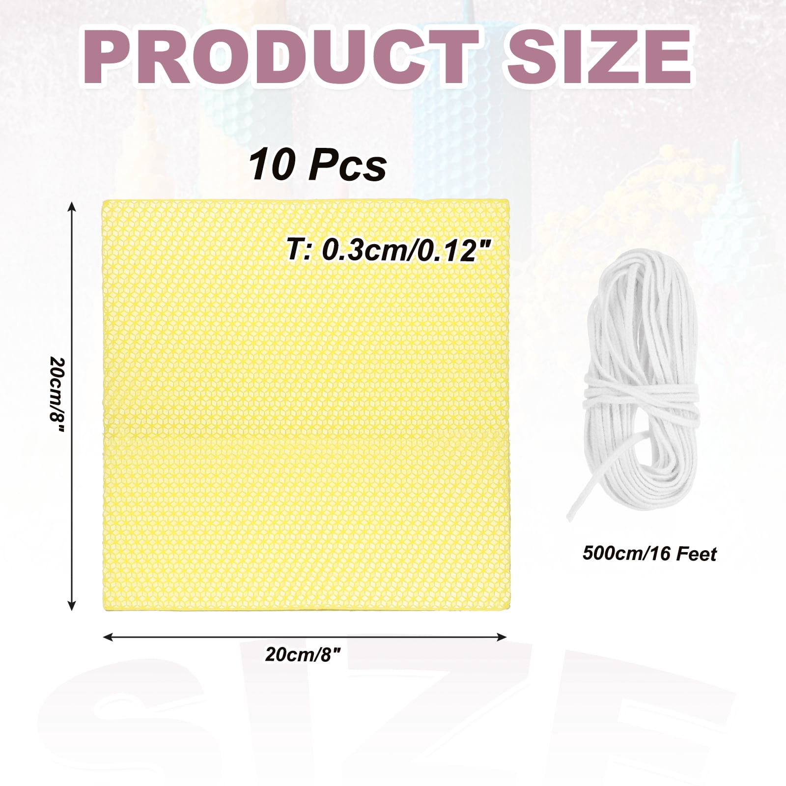 10pcs Beeswax Candle Making Kit, 8"x8" Yellow Beeswax Sheet with 1pcs Wick
