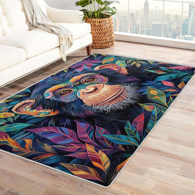 3 x 4 Rugs Chimpanzee Monkey Area Rug, Colorful Animal Carpet for Living Room Bedroom Tropical Themed Patterned Indoor Home Decor, Non Slip Soft & Low Pile Small Washable Rug ZH&279