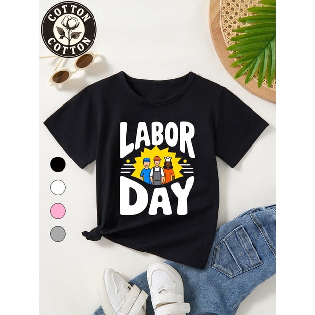 T-Shirt en Coton pour Enfants - Design de Travailleur Mignon avec "quot; Texte, Noir avec Graphiques Jaunes, Coupe Régulière Col Rond, Tenue Décontractée Toutes Saisons pour Garçons et Filles, 3 Couleurs