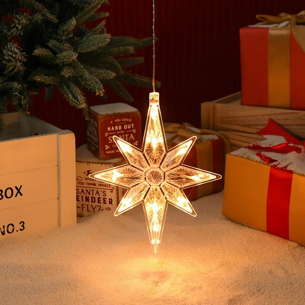 Lámpara de ventana con ventosa navideña | Luz decorativa LED octogonal en forma de estrella | Resplandor blanco cálido | Material plástico | Adorno colgante | 27x23cm | 1 pieza