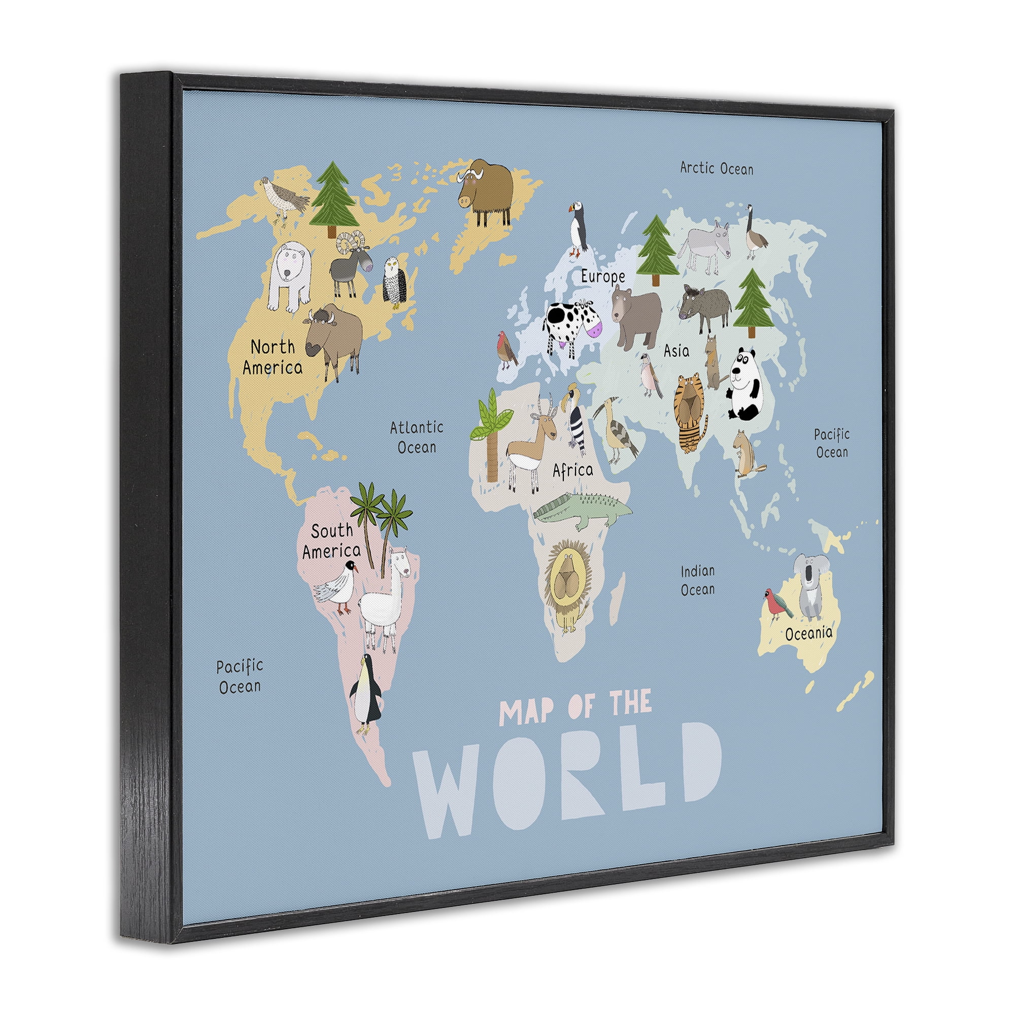 Kid's Map Of World Blue Black Framed Giclee Art, design by Carla Daly