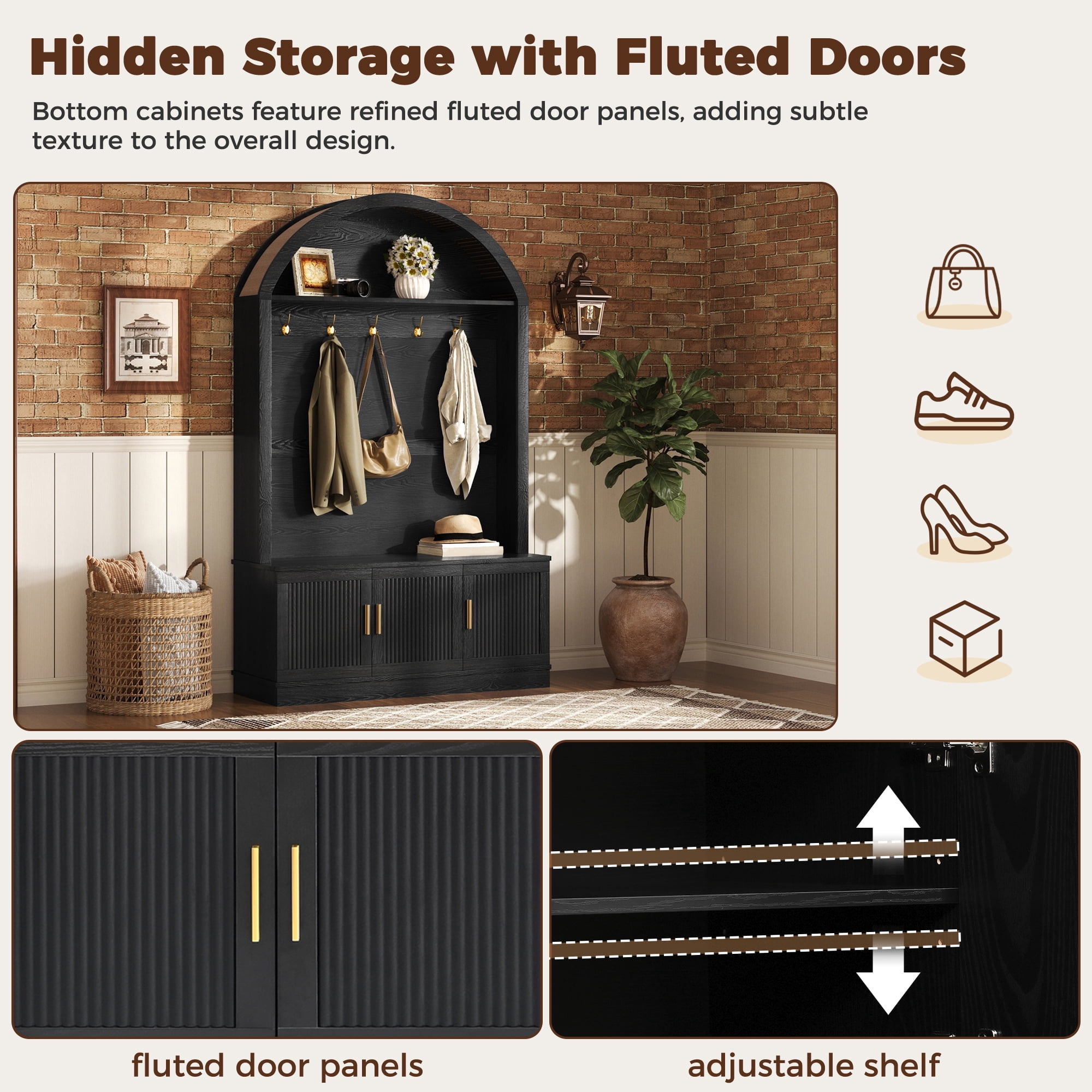 Aukfa Arched Wood Hall Tree,3-in-1 Entryway Organizer Cabinet with Fluted Storage Bench & Coat Rack,Black