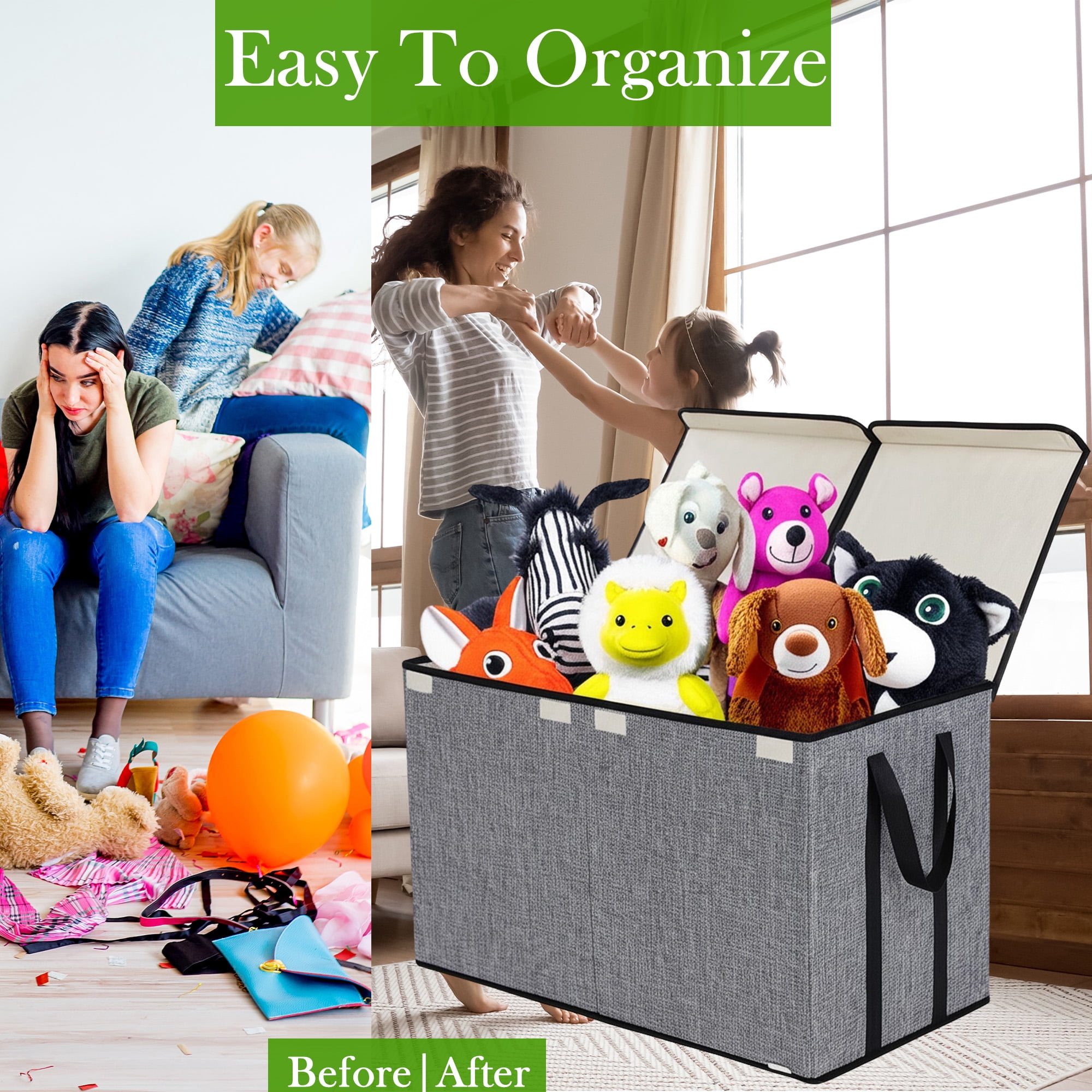 VICTORICH Extra Large Child Collapsible Toy Storage Fabric 32 gal Kids Room Toy Chest with Lid, Gray