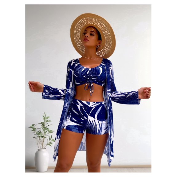 3 Piece Blue & White Tropical Leaf Print Bikini Set with Cover Up - Ruched Front Top, High Waist Shorts - Women's Swimwear for Beach & Pool