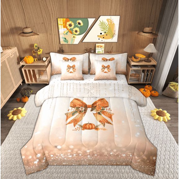 Manfei Vintage Princess Ribbon Twin Bedding Sets 7-Piece for Kid, Autumn Pumpkin Bedding Comforter Set, Fashion Sequin Print Reversible Sheet Sets, Microfiber Bedroom Decor