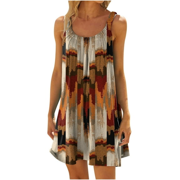Summer Saving Wycnly Summer Dresses for Women Sleeveless Round Neck Leopard Mini Sun Dress Beach Vacation Loose Casual Swing Tank Dresses Brown XXL Up to 65% off