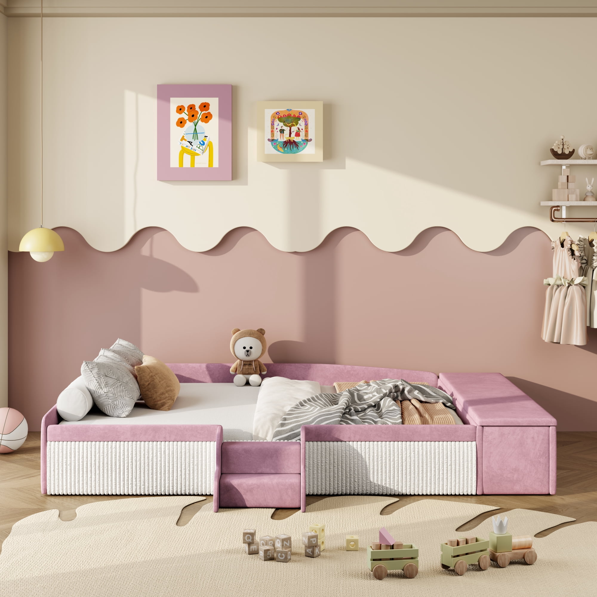 Leumius Full Size Floor Bed Frame with Stairs & Gas Lift Storage Ottoman, Velvet Upholstered Daybed with Padded Guardrails, Pink+White