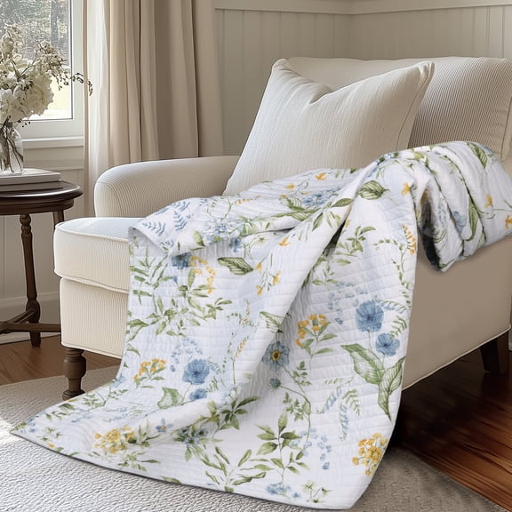 Levtex Home - Viviana Blue - Quilted Throw - Botanical Floral - Blue, Green, Yellow, Cream - 50x60in. - Reversible - Cotton