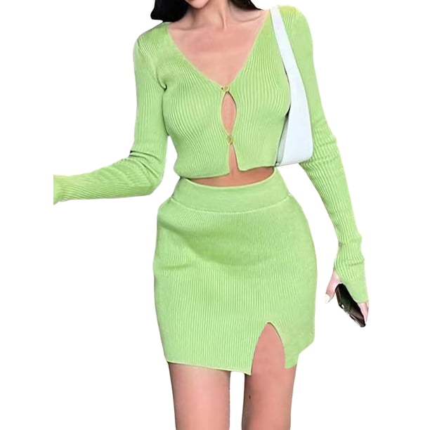 VISgogo Traje de falda de ganchillo de dos piezas para mujer, blusas recortadas de manga larga de color sólido y falda cruzada con abertura, S / M / L VISgogo moda