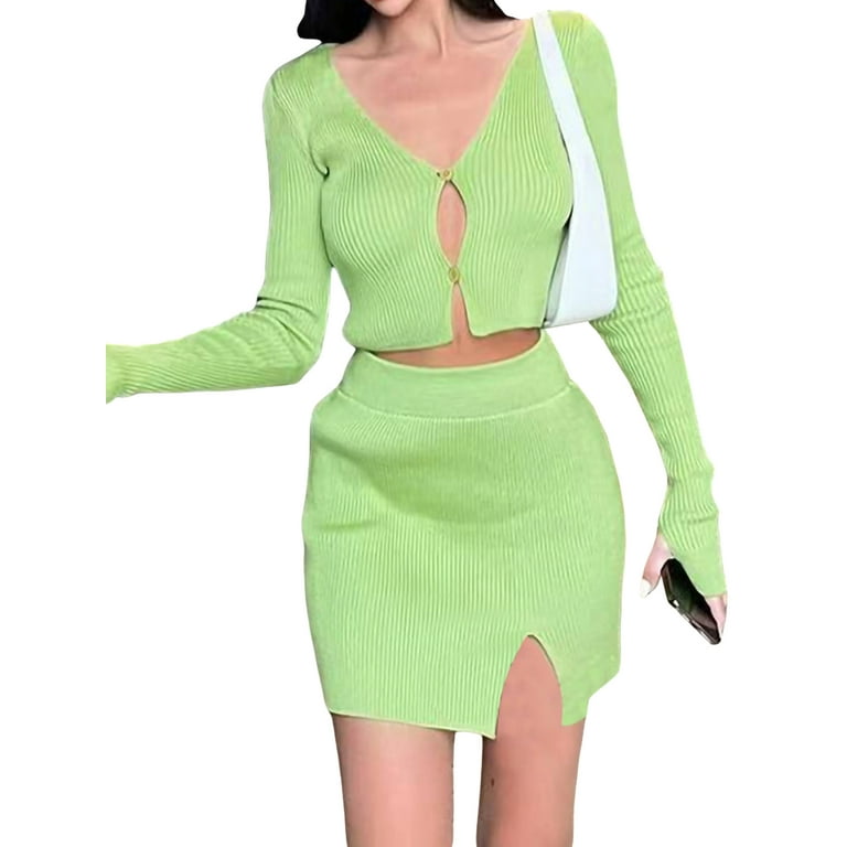 hirigin Women Two piece Crochet Skirt Suit Solid Color Long Sleeve Cropped Tops and Slit Wrap Skirt S M L