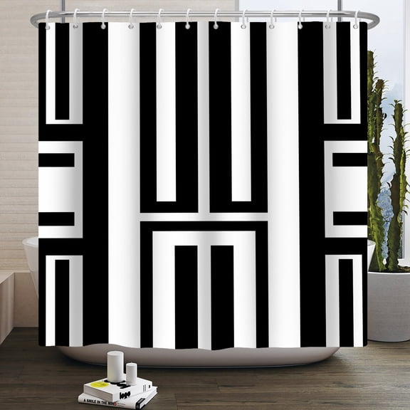 Pbobriich Minimalist Shower Curtain, White and Black Striple Waterproof Bath Curtain with Hooks, 72"x72"