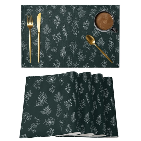 Botanical Green Placemats Set of 4 Farmhouse Summer Floral Leaves Place Mats Indoor Wipeable Table Mats Washable Cloth Dining Table Placemats for Kitchen Holiday Party Home Decor 13x19 Inch