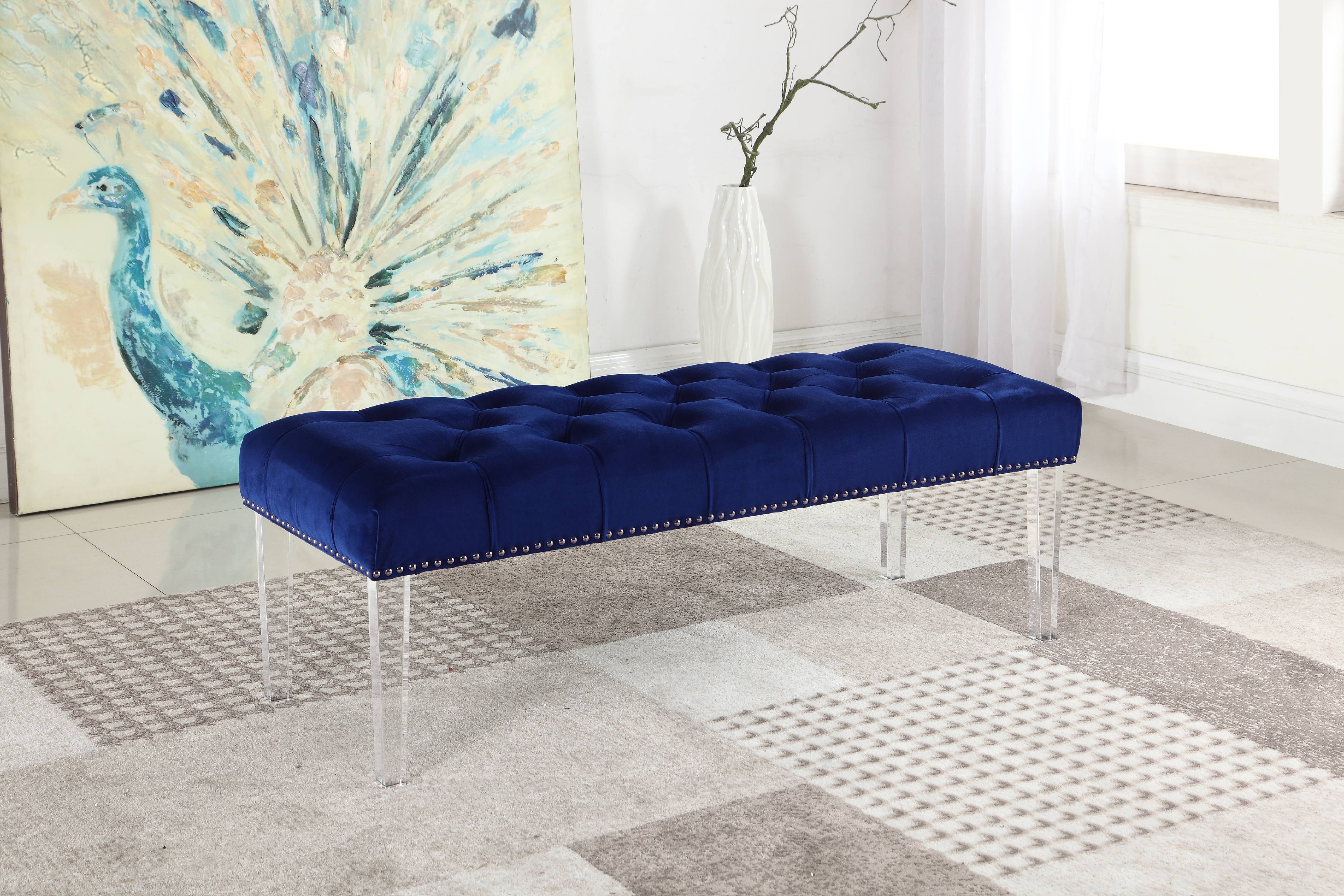 Best Master Furniture Suede Upholstered Tufted Bench With Acrylic Legs Navy Blue Walmart Com Walmart Com