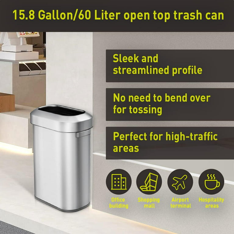 EKO Urban Slim 15.8 Gallon Commercial Trash Can, Brushed Stainless Steel Open  Top Garbage Can 