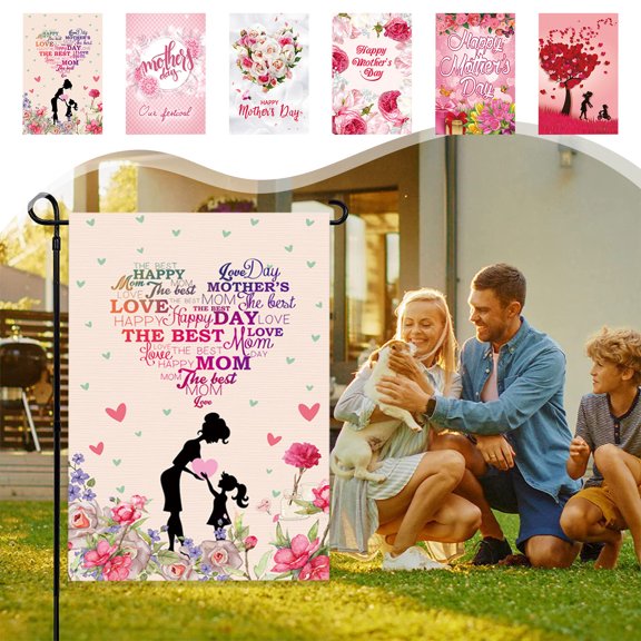 Mother's Day Garden Flag Double Sided Outside,Red Pink Love Hearts Tulip Floral Small Burlap Yard Outdoor Flag for Porch Patio Lawn Farmhouse Party Decor