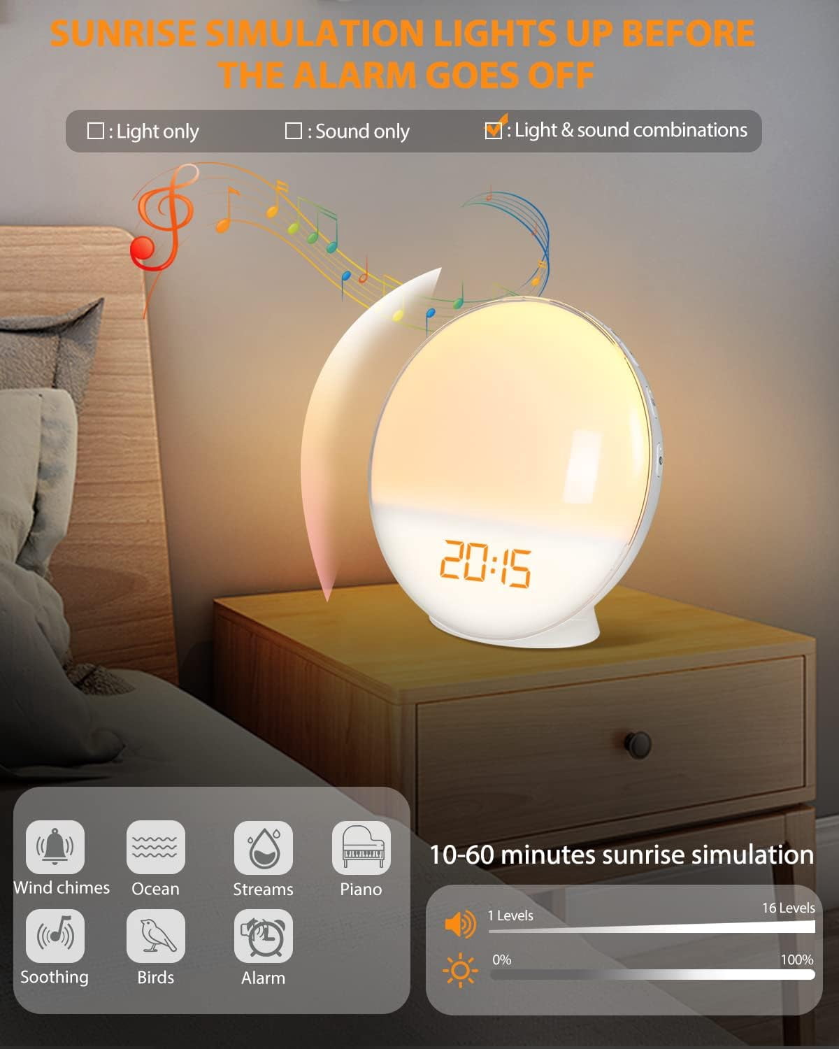 Wake Up Light Sunrise Alarm Clock for Kids & Heavy Sleepers, w/ Sunrise Simulation, Sleep Aid, Dual Alarms, Snooze, Colorful Lights